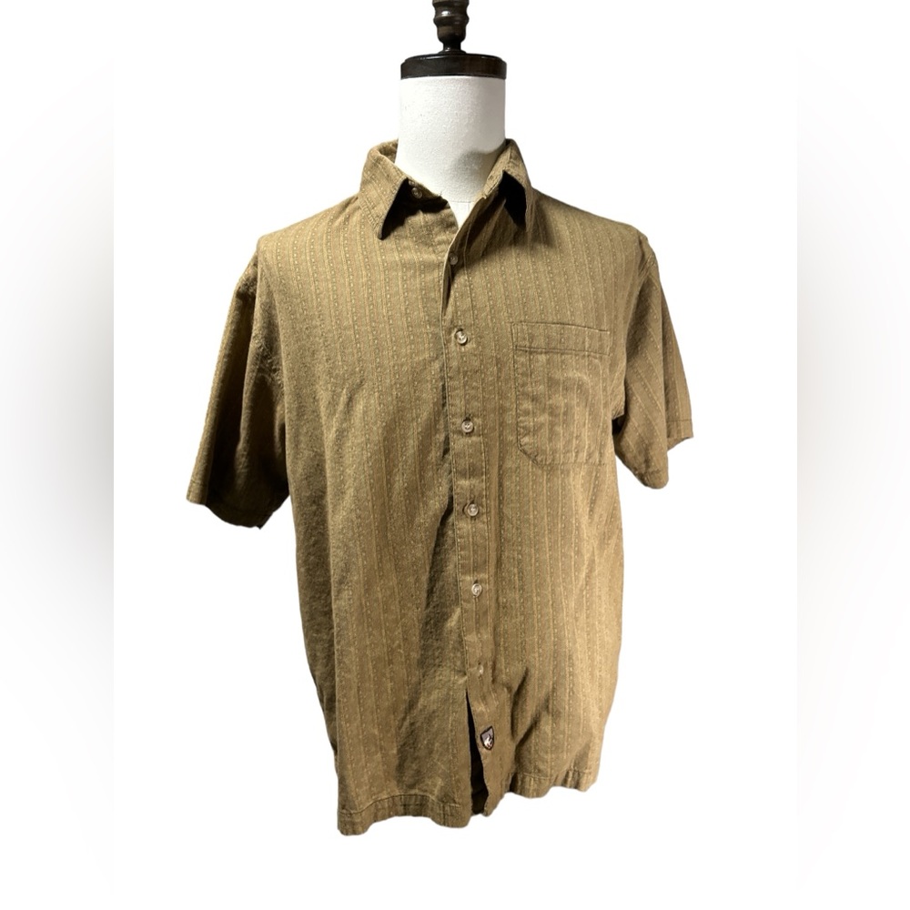 Kuhl Shirt Mens Size Large Green Striped Pattern Short Sleeve Button Up Outdoor
